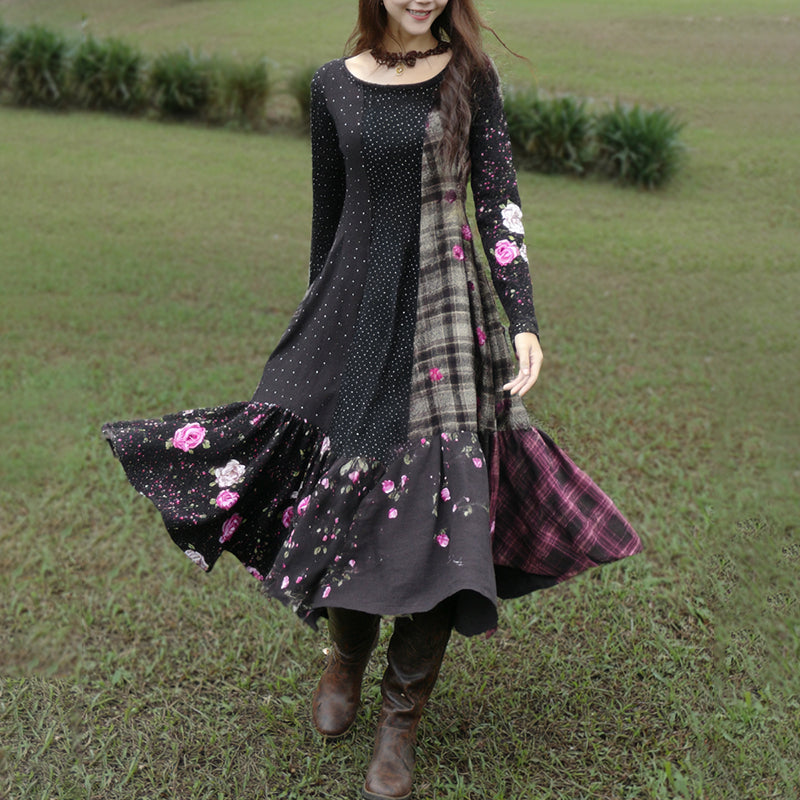 Women's Vintage Polka Dot And Rose Floral Plaid Patchwork Linen Dress