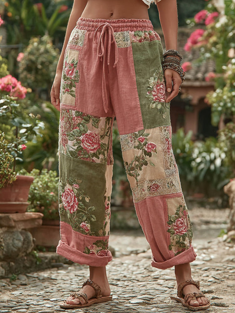 Vintage Retro Rose And Floral Patchwork Art Linen Pants