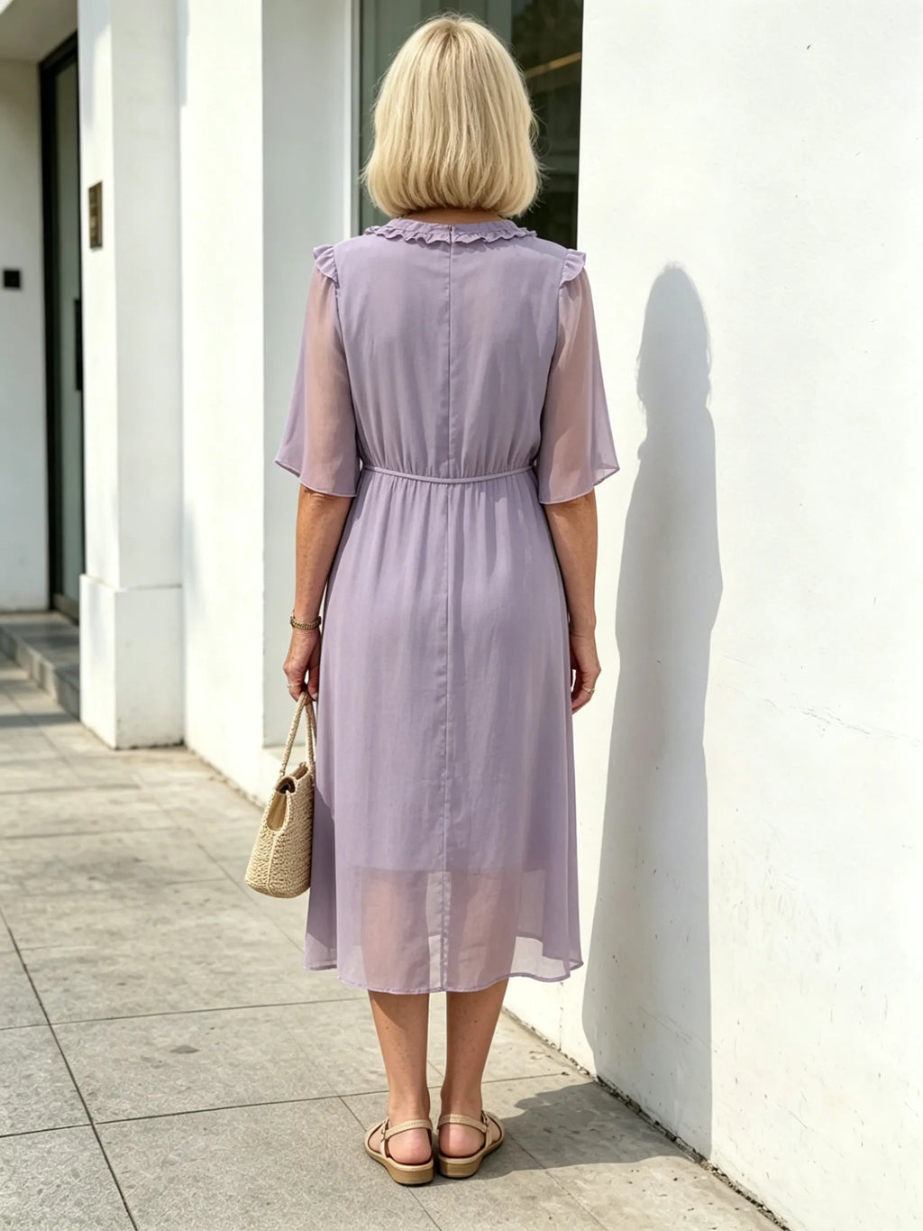 Lavender Ruffle V-Neck Chiffon Midi Dress, Elastic Waist Half Flutter Sleeve Button Detail Slimming Casual Dress for Mature Women