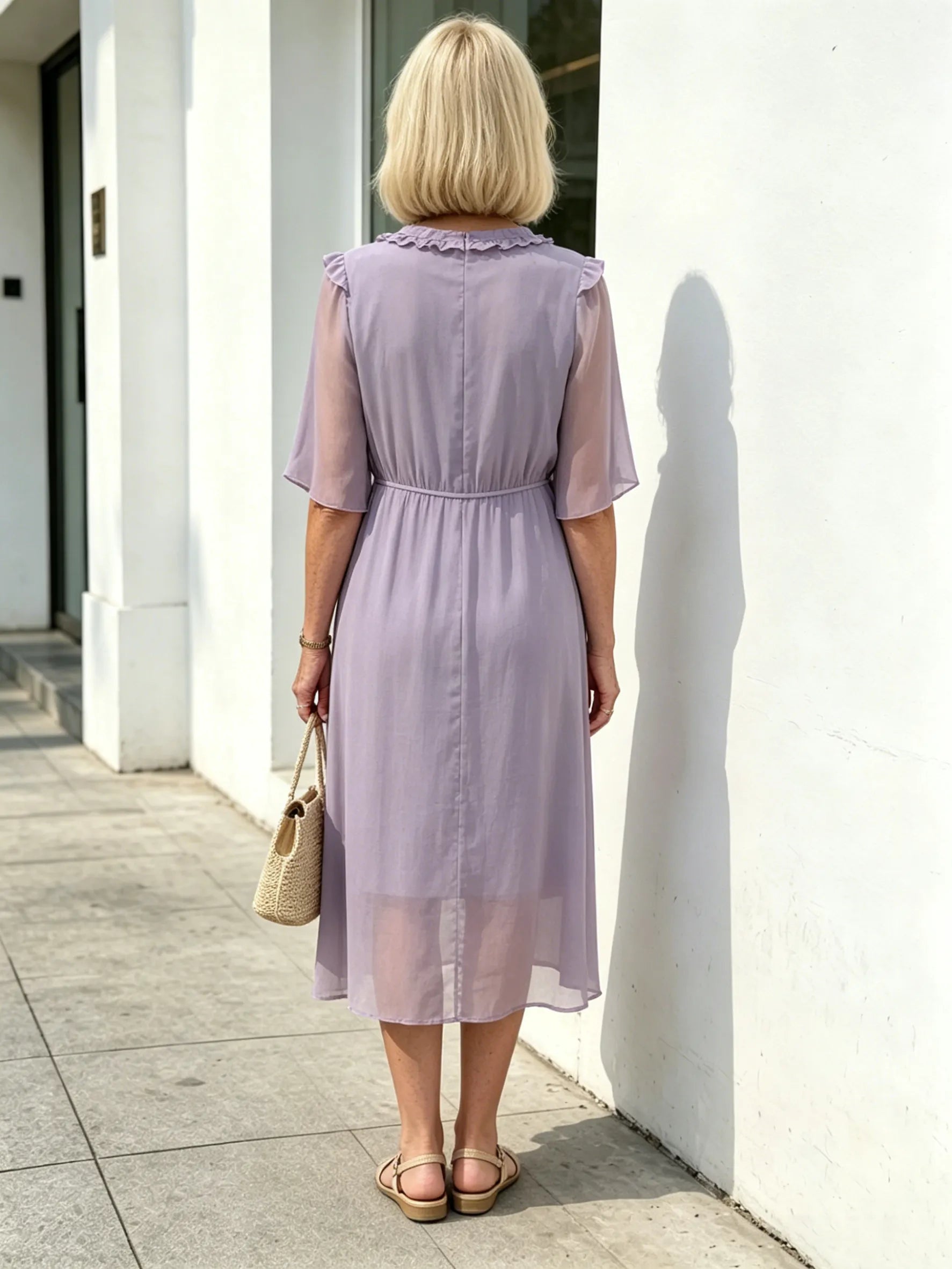 Lavender Ruffle V-Neck Chiffon Midi Dress, Elastic Waist Half Flutter Sleeve Button Detail Slimming Casual Dress for Mature Women
