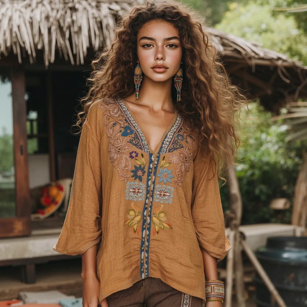 Retro Floral Tribal Embroidery Art Cotton And Linen Blend Loose Blouse