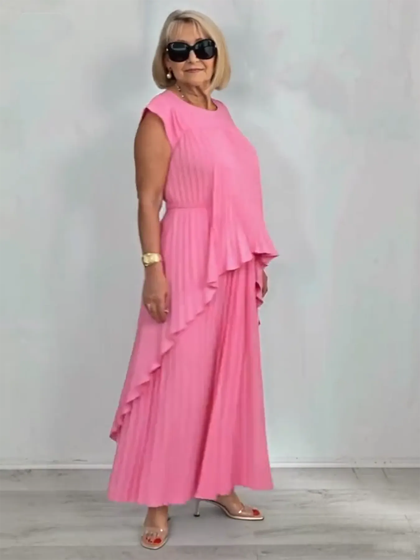 2Pcs Crew Neck Solid Color Sleeve Top Pleated Straight Pants Set Two-piece Set