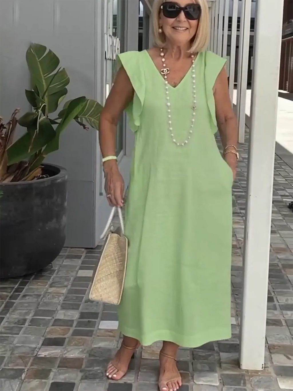 Casual Dress with Ruffle Sleeves,Back Adjustment Rope,Deep Pockets,Pure White Formal Dress, Evening Dress