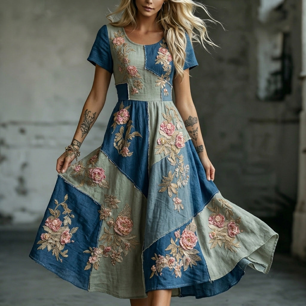 Women's Vintage Rose Color Block Pattern Casual Dress