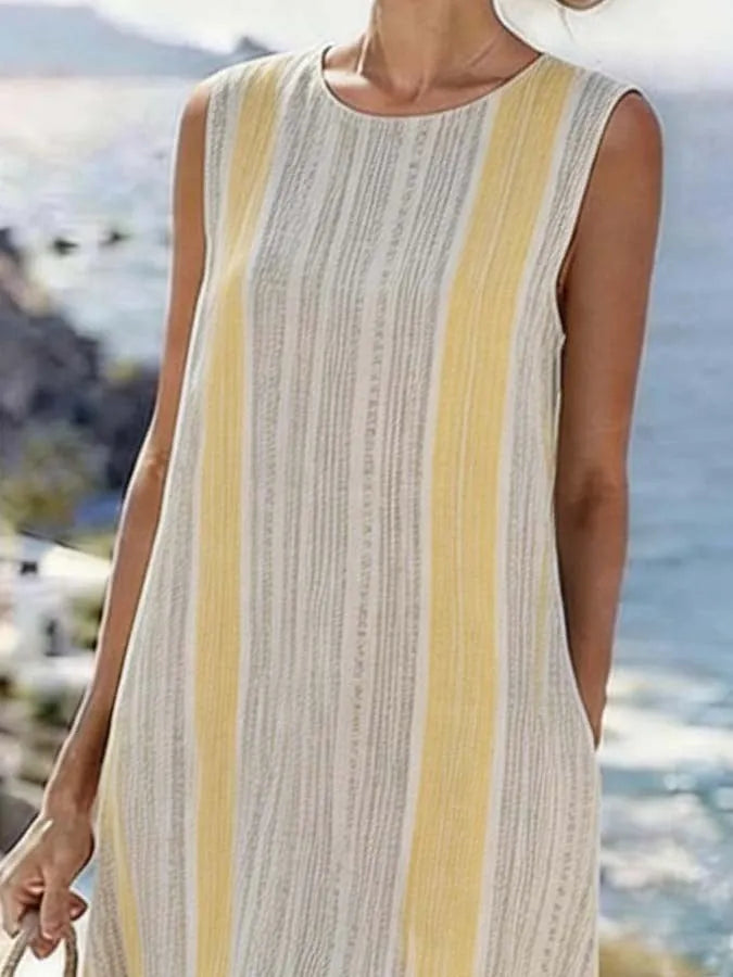 Women'S Round Neck Sleeveless Color-Block Printed Dress