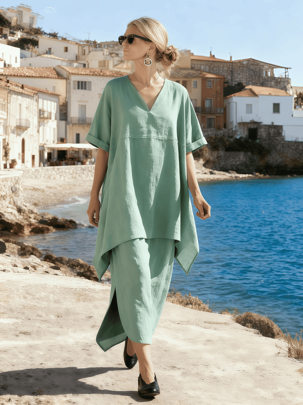 Women's Short-Sleeved V-Neck Casual Suit Set