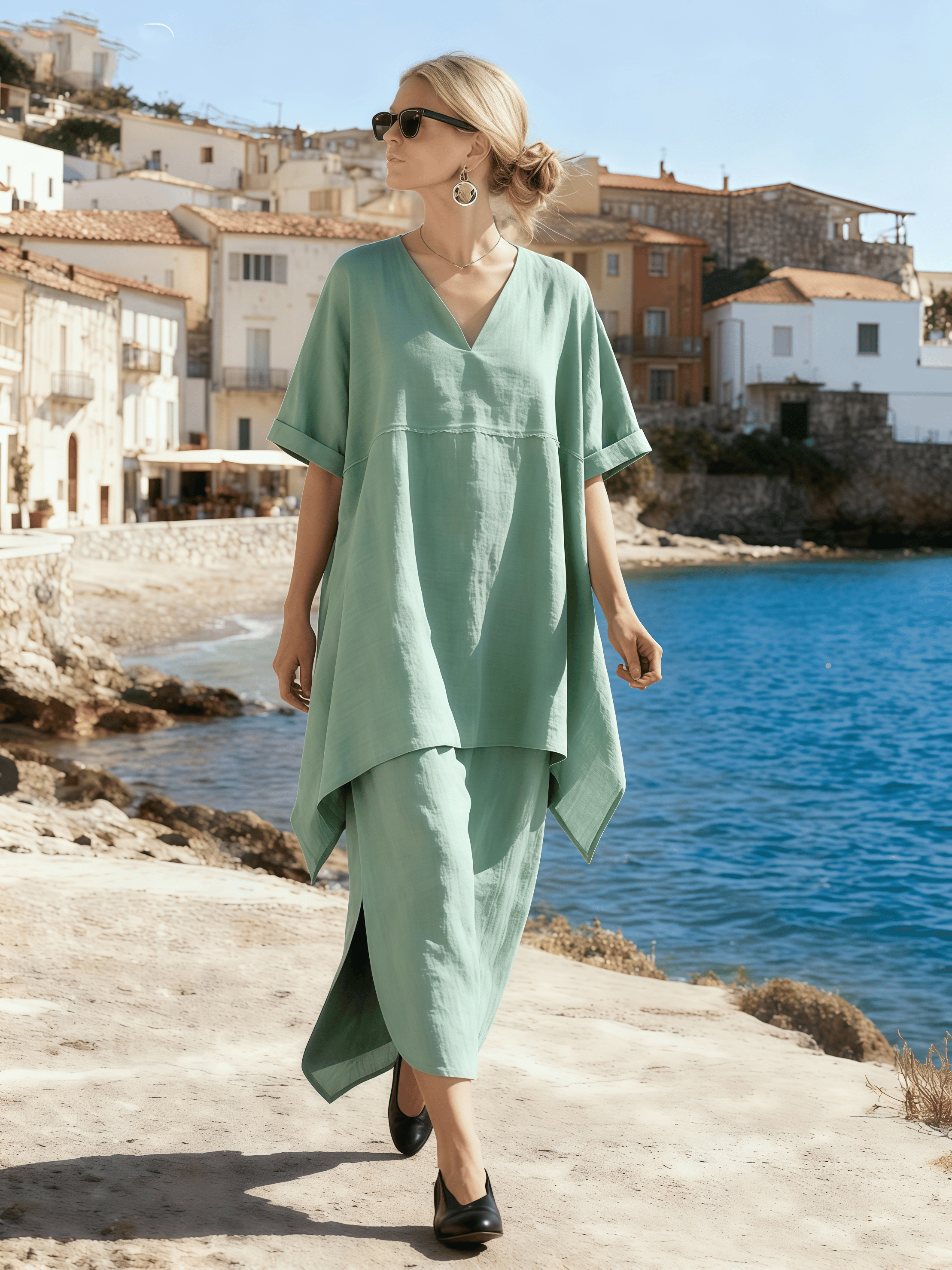 Women's Short-Sleeved V-Neck Casual Suit Set