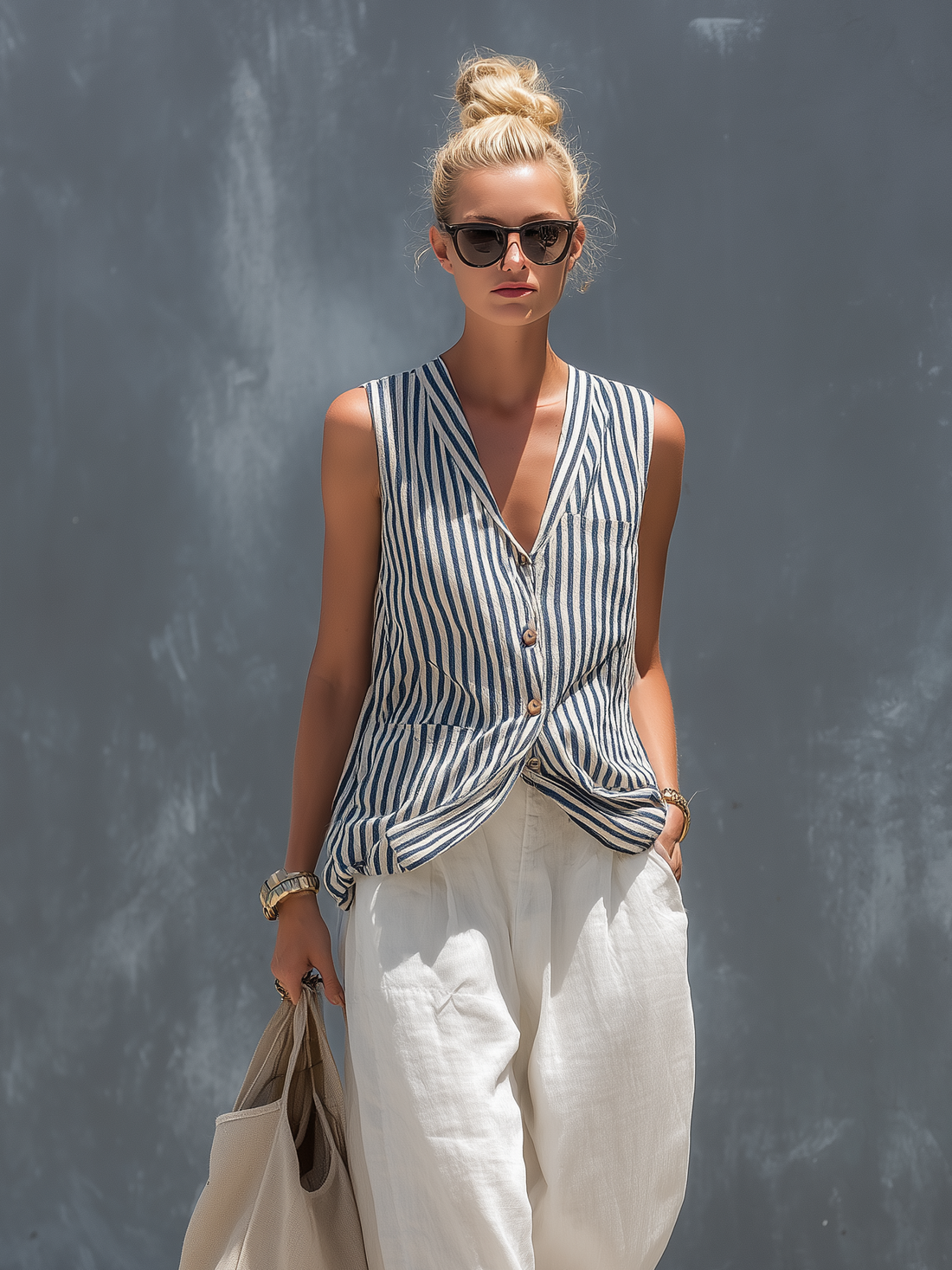 Women's Casual Striped Woven Sleeveless Vest Paired With White Cotton And Linen Trousers Set MDZ2815B5AN