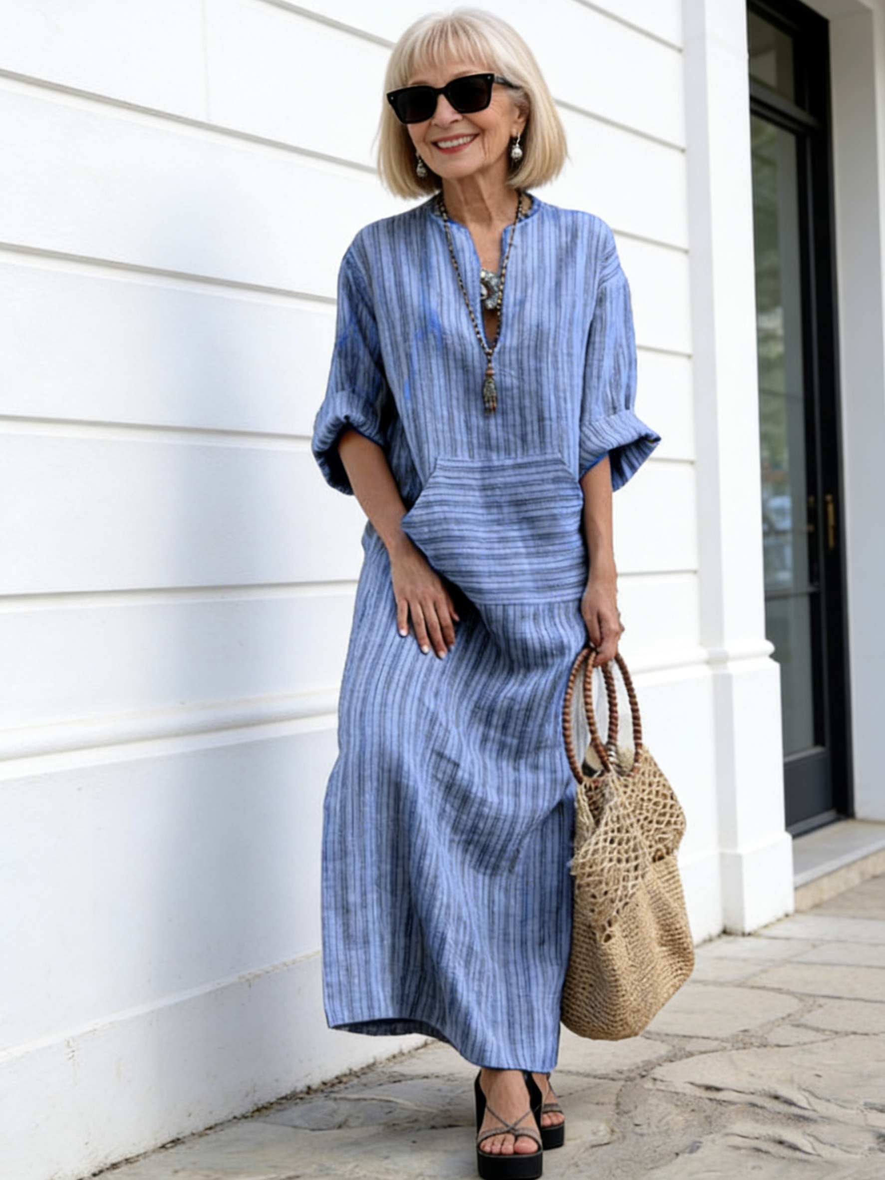 Cotton and linen dyed striped loose dress