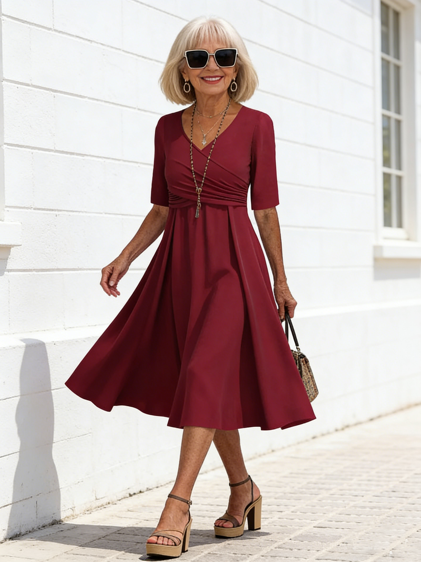 Fashion Solid Color Cross V-Neck Short Sleeve Personality Dress Women's Clothing