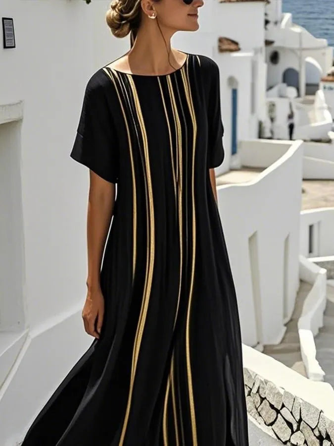 Women's Holiday Casual Round Neck Three-quarter Sleeve Printed Cotton and Linen Dress