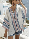 Women's Vacation V-neck Three-quarter Sleeve Striped Print Loose Top Shorts Cotton and Linen Suit