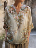 Bohemian Style Three-dimensional Small Floral Sequin Casual Vintage Silent Green Short-sleeved Shirt