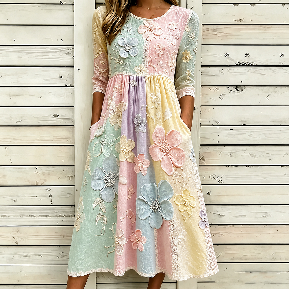 Colorful Color Design Flower Pattern Casual Linen Dress