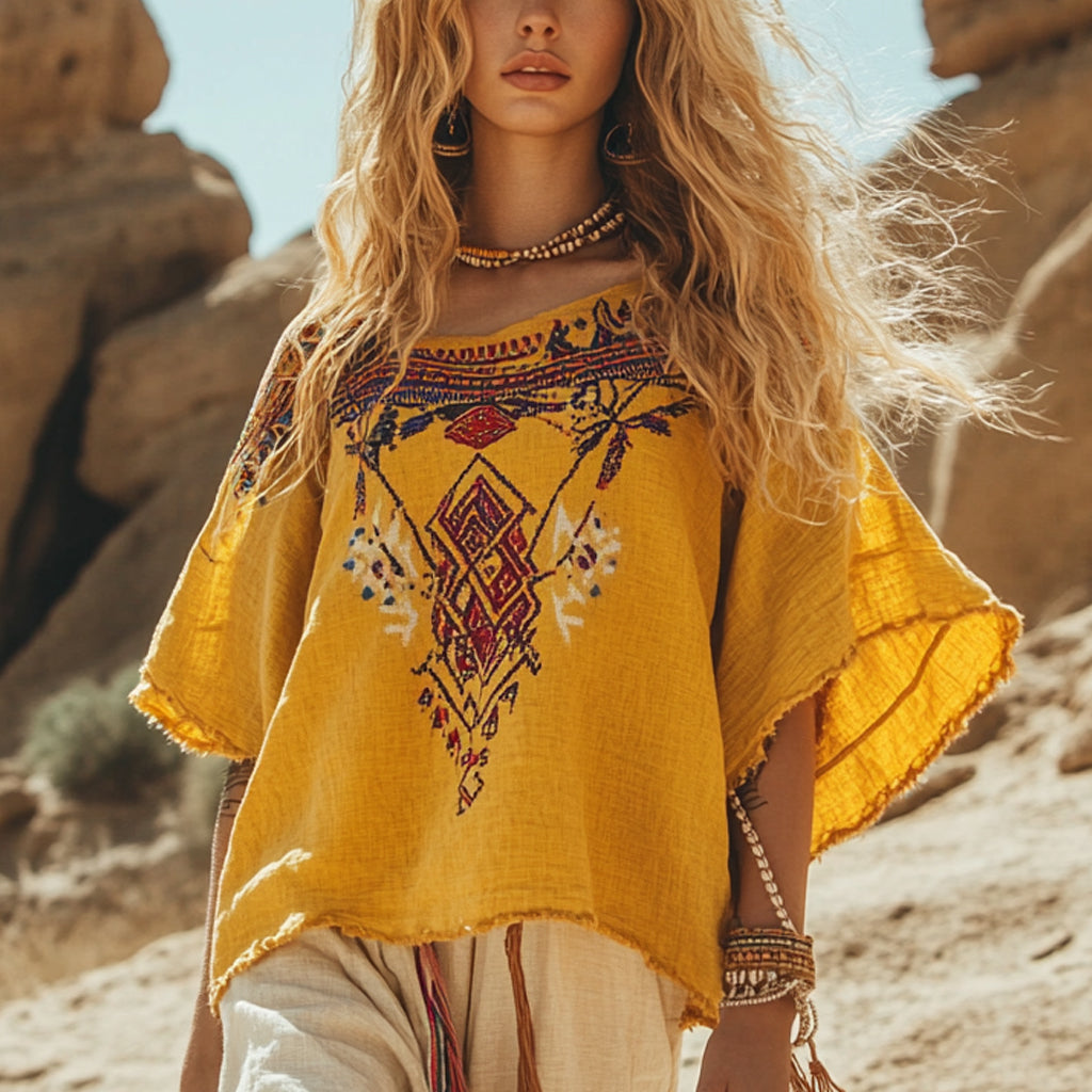 Desert Style Holiday Bohemian Vintage Linen Casual Top