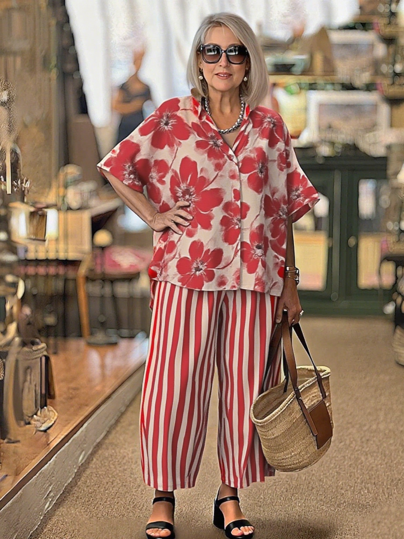 2Pcs Lapel Loose Geometric Printing Casual Set