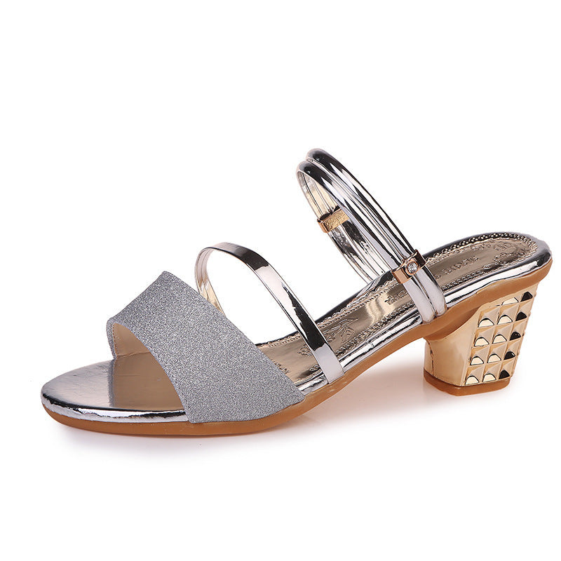 Sandals women's thick heel open-toed middle heel with one shoe or two wear thick heel sandals women's shoes