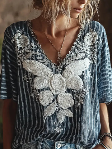 Butterfly Flower Embroidery Patchwork Striped Design Women's Summer Linen T-shirt