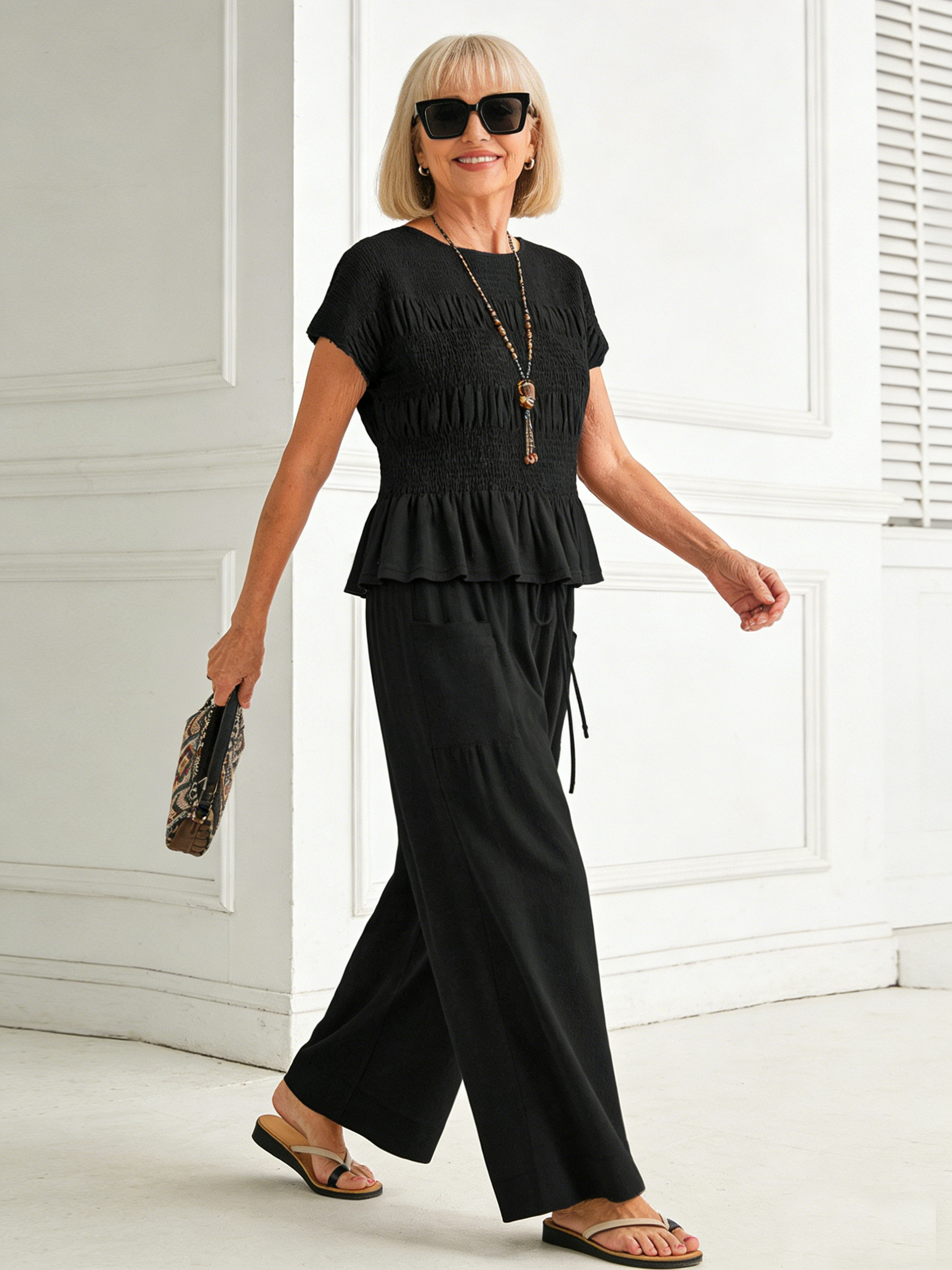 2pcs Cotton Harem Pants Mid-rise Casual Suit Resort Style