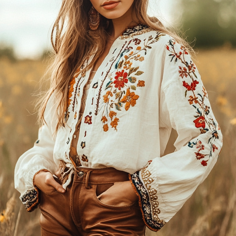 Women's Loose Bohemia Flower Print Embroidery Long Sleeved Shirt