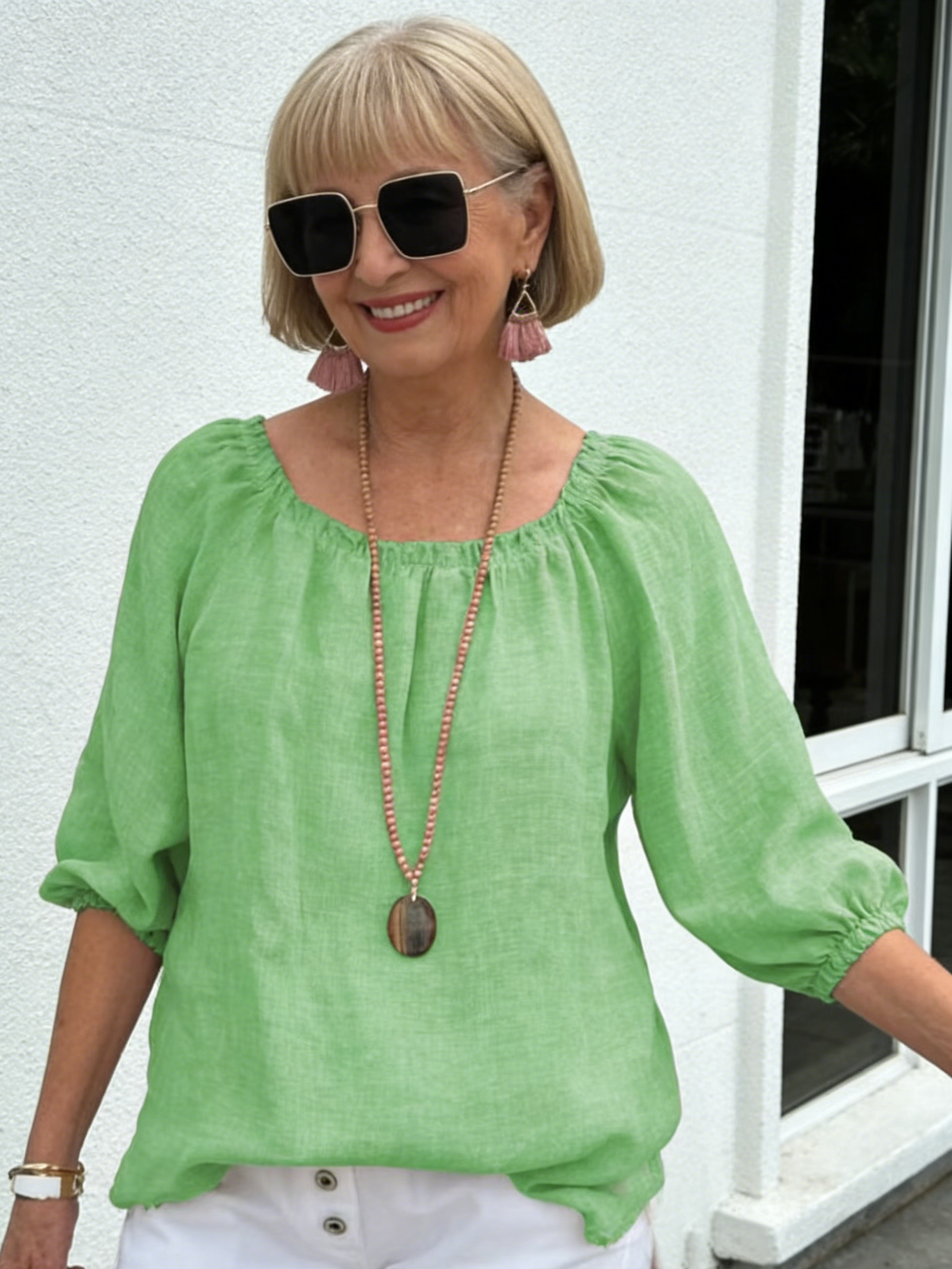 Solid Color Round Neck Medium Sleeve Pullover Cotton and Linen Casual Top
