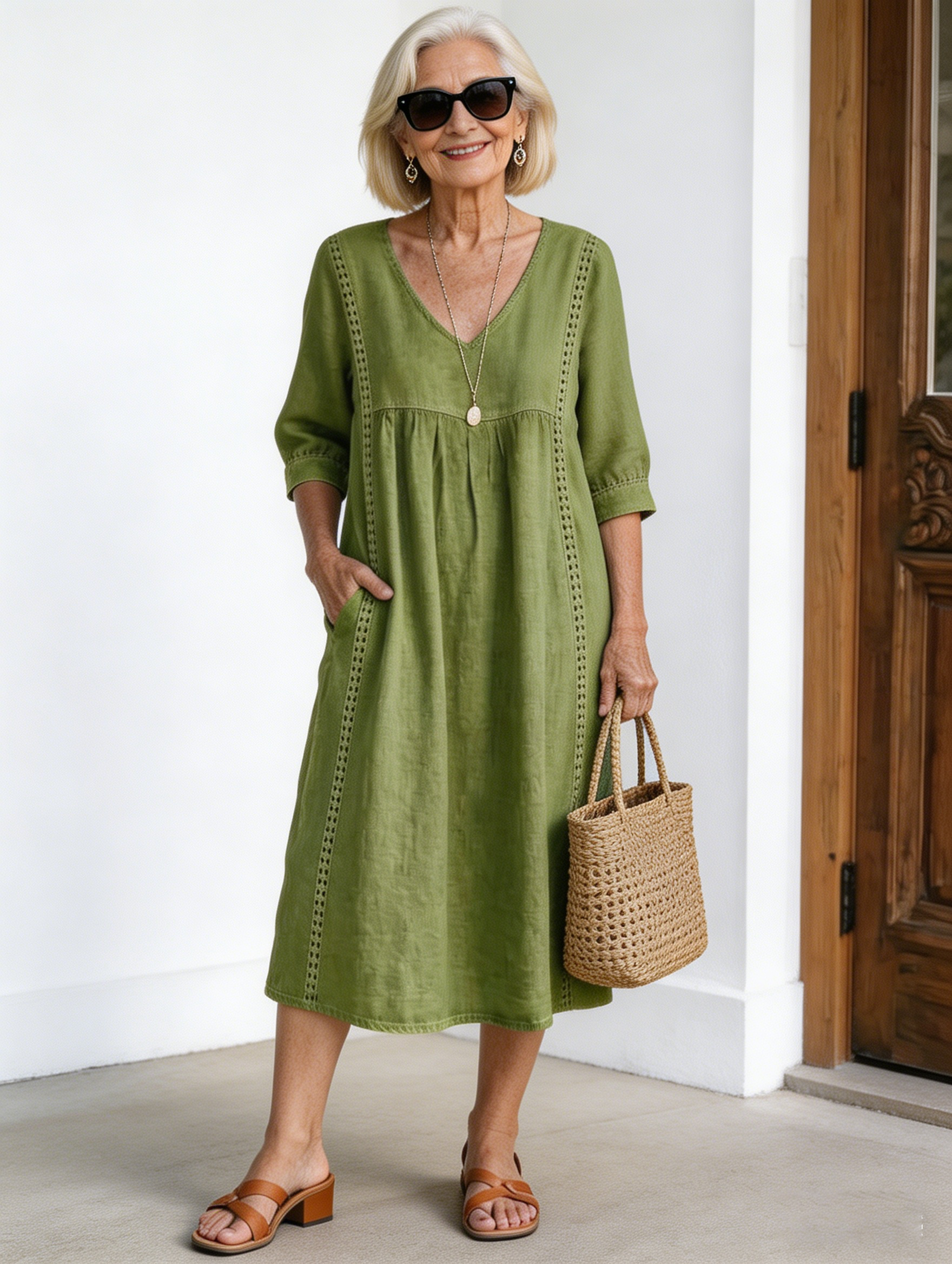 Casual Loose V-neck Splicing Lace Edge Linen Cotton Dress