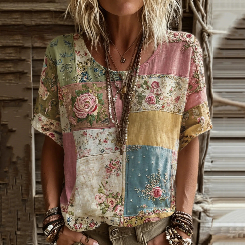Women's Retro Bohemian Patchwork Floral Casual Linen T-shirt