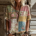 Women's Retro Bohemian Patchwork Floral Casual Linen T-shirt