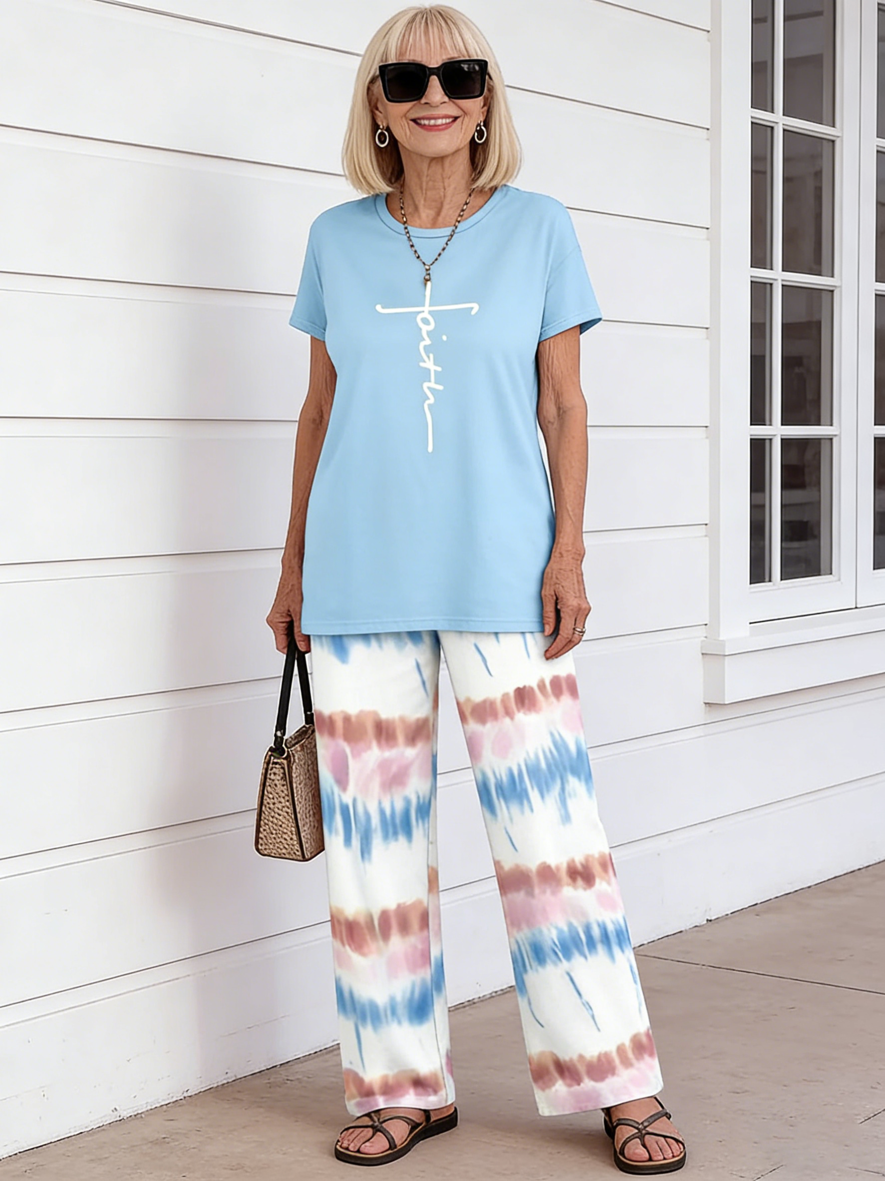 2Pcs Crew Neck Short Sleeve Casual Striped Printed Wide Leg Pants Two-piece Trousers Set
