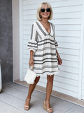 Lace Cuff Dress Deep V Cotton and Linen Breathable Dress