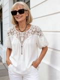 Casual Solid Color Lace Splicing Round Neck Short Sleeve Loose Women's Shirt