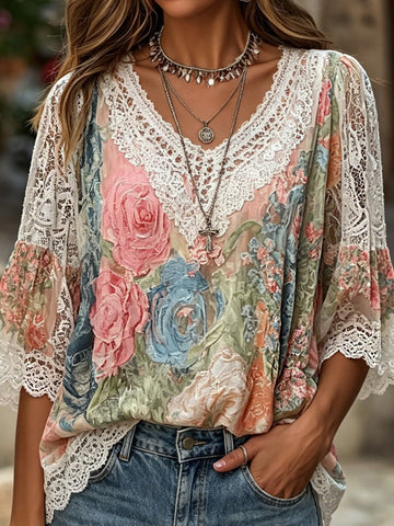 Women's Retro Bohemian Style Oil Painting-inspired Floral Print Cotton Linen Comfortable Top