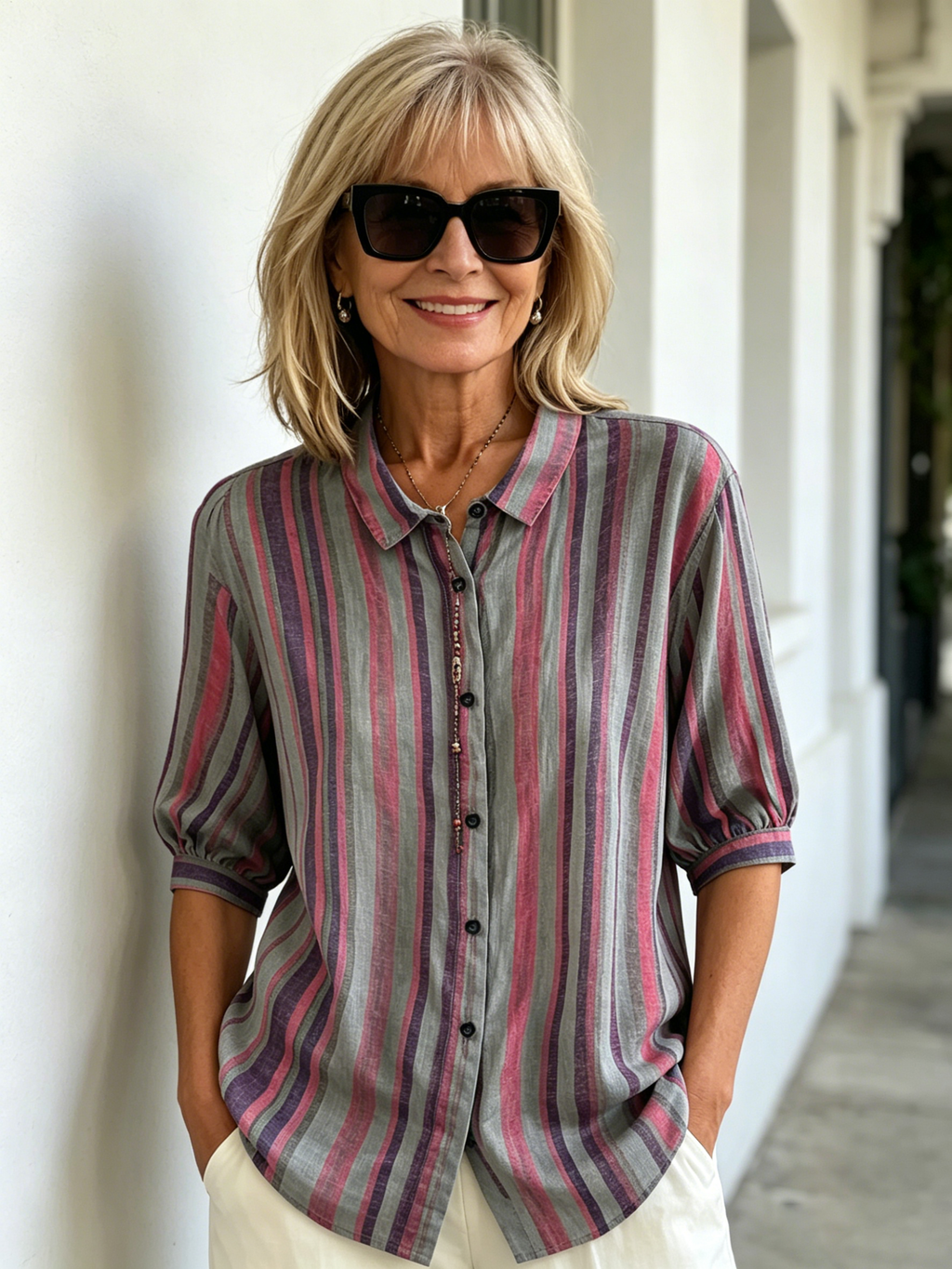 Contrasting Striped Shirt Lapel Single-breasted Medium Sleeve Top Women's Shirt