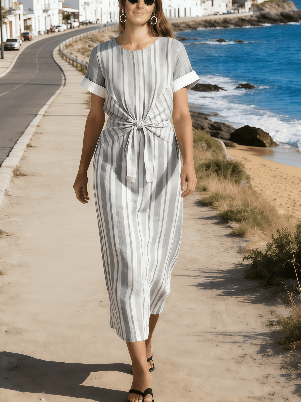 Women's Round Neck Striped Pleated Short-Sleeved Dress With Tie Detail