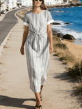 Women's Round Neck Striped Pleated Short-Sleeved Dress With Tie Detail