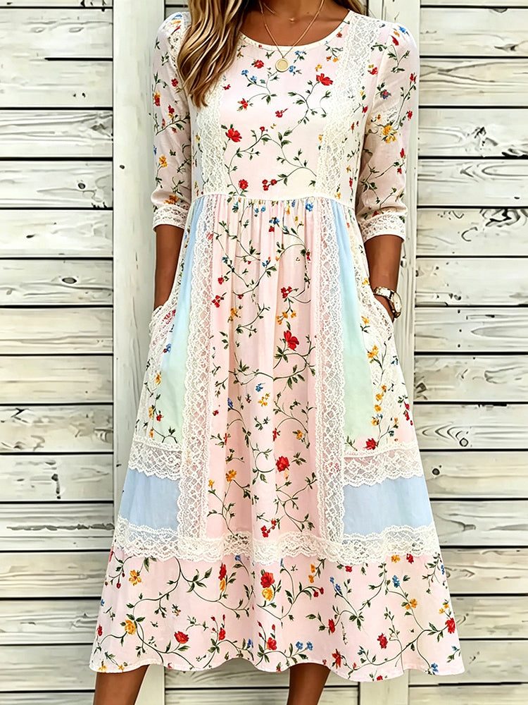 Women's Floral Lace Patchwork Art Casual Cotton Linen Long Dress