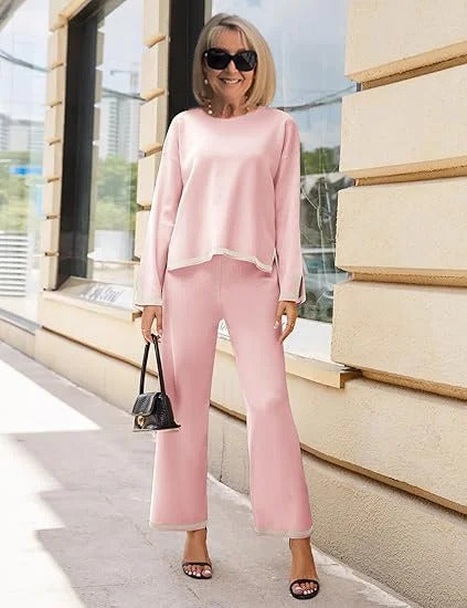 Contrasting Color Split-ended Long-sleeved Knitted Sweater High-waisted and Thin Wide-leg Pants and Trousers Two-piece Set