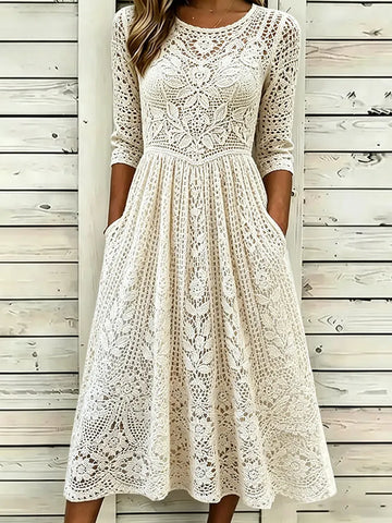 Classy Floral Lace Embroidery Art Cozy Linen Maxi Dress