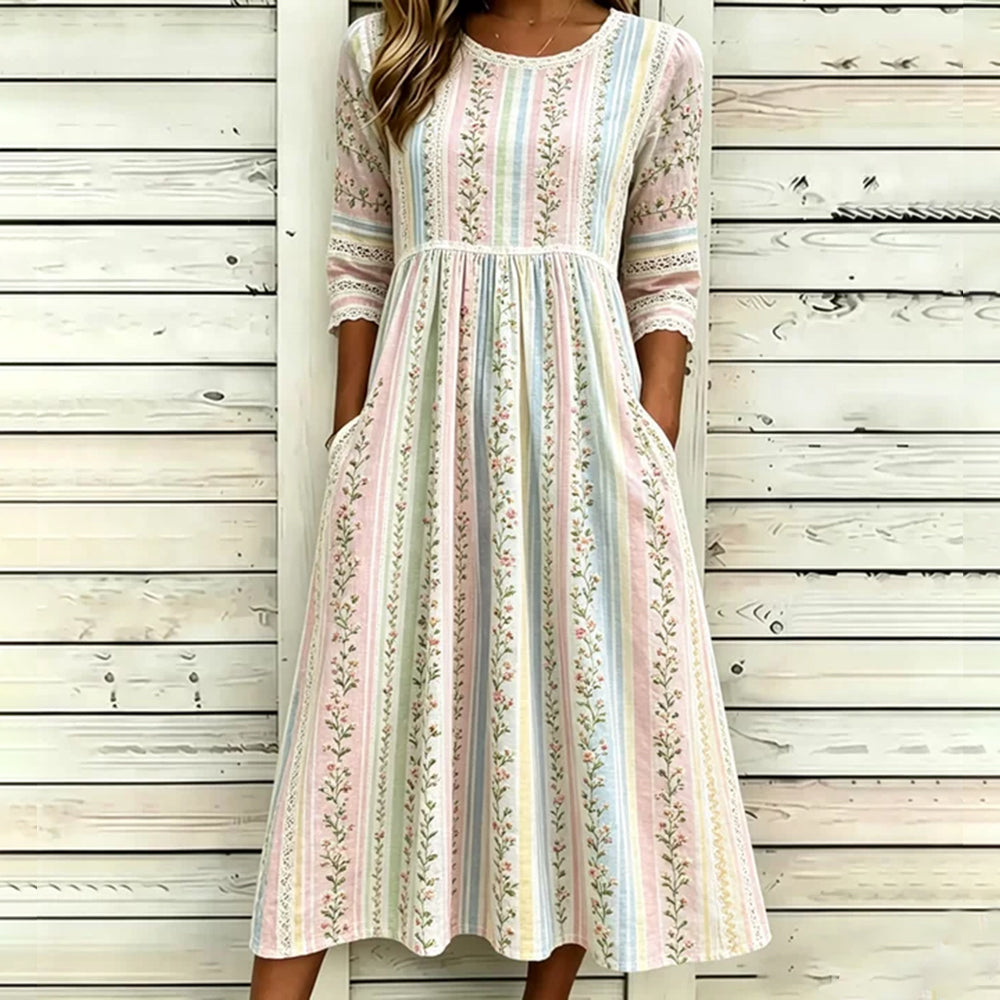 Women's Floral Art Embroidered Linen Blend Striped Round Neck Mid Sleeve Dress