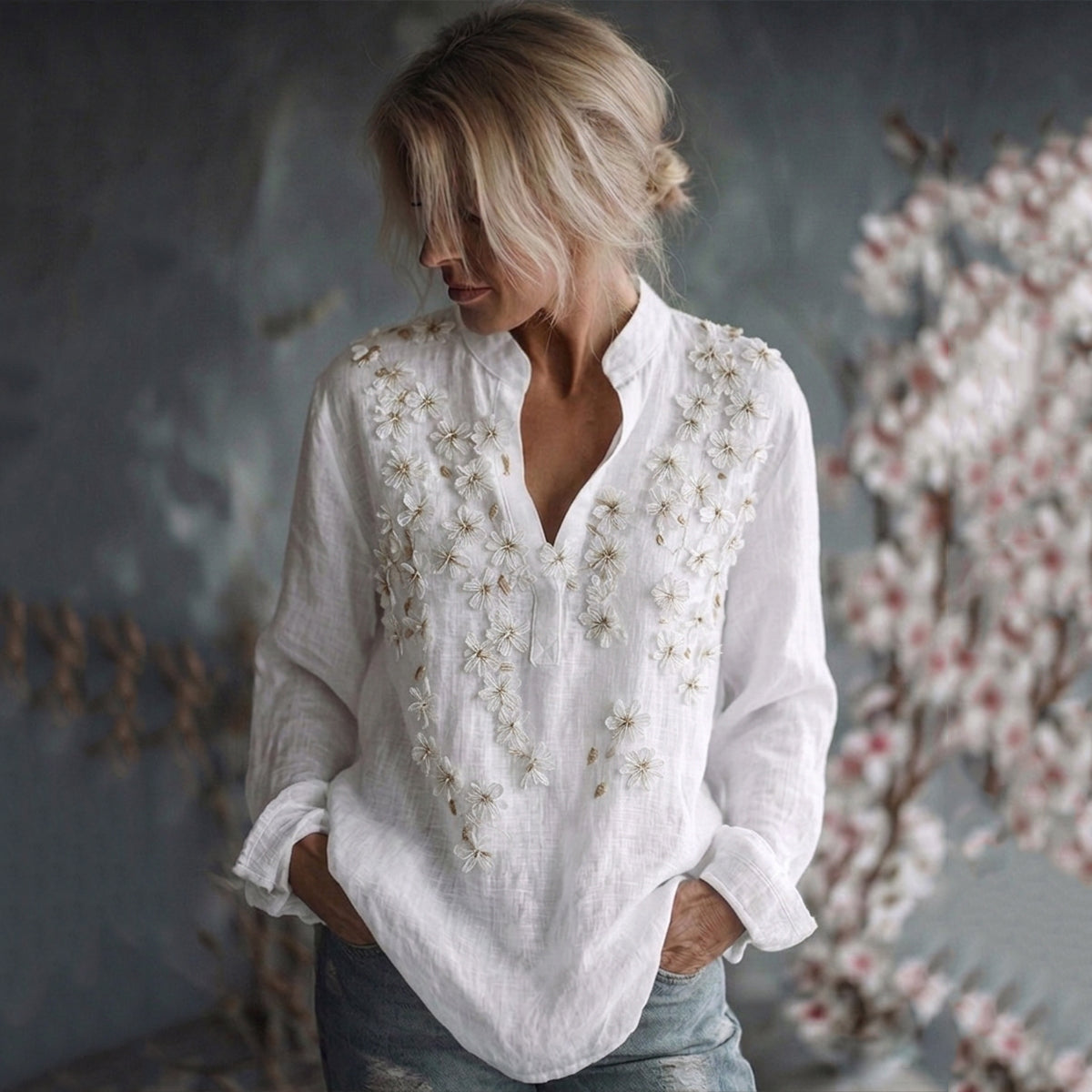 Women's Vintage Embroidered Floral Linen Long Sleeve Shirt