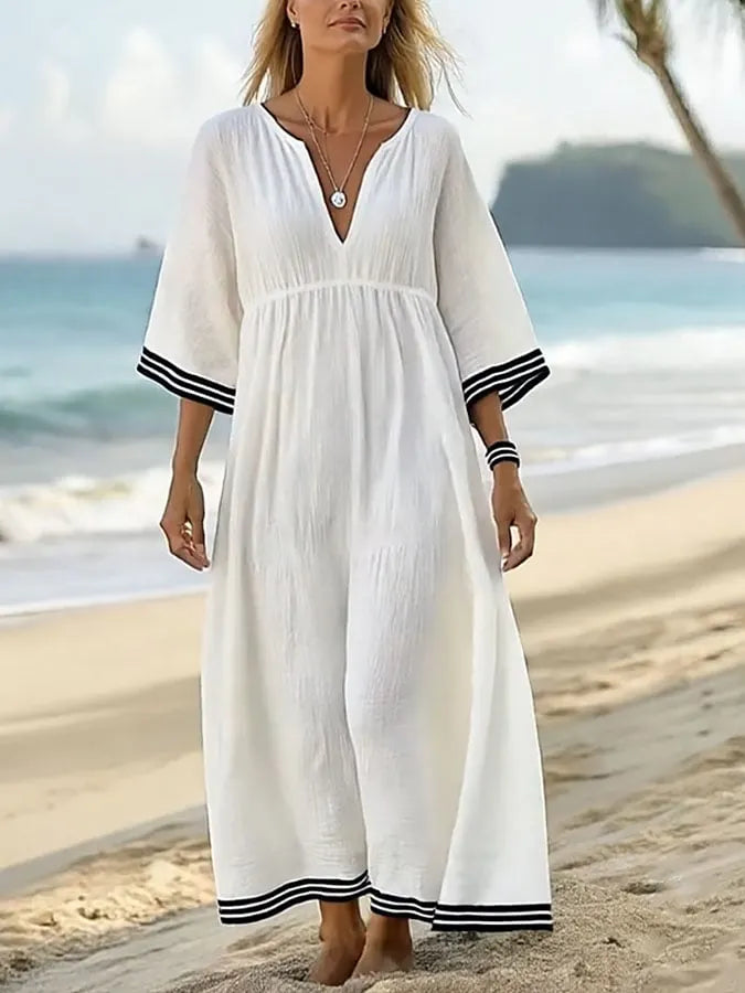 Women's Holiday Stripe Print V-Neck Cotton and Linen Dress