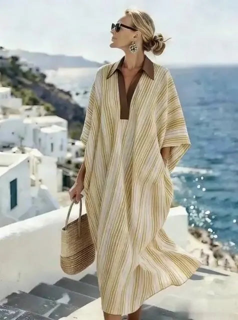 Women'S Casual Loose Striped Cotton And Linen Dress