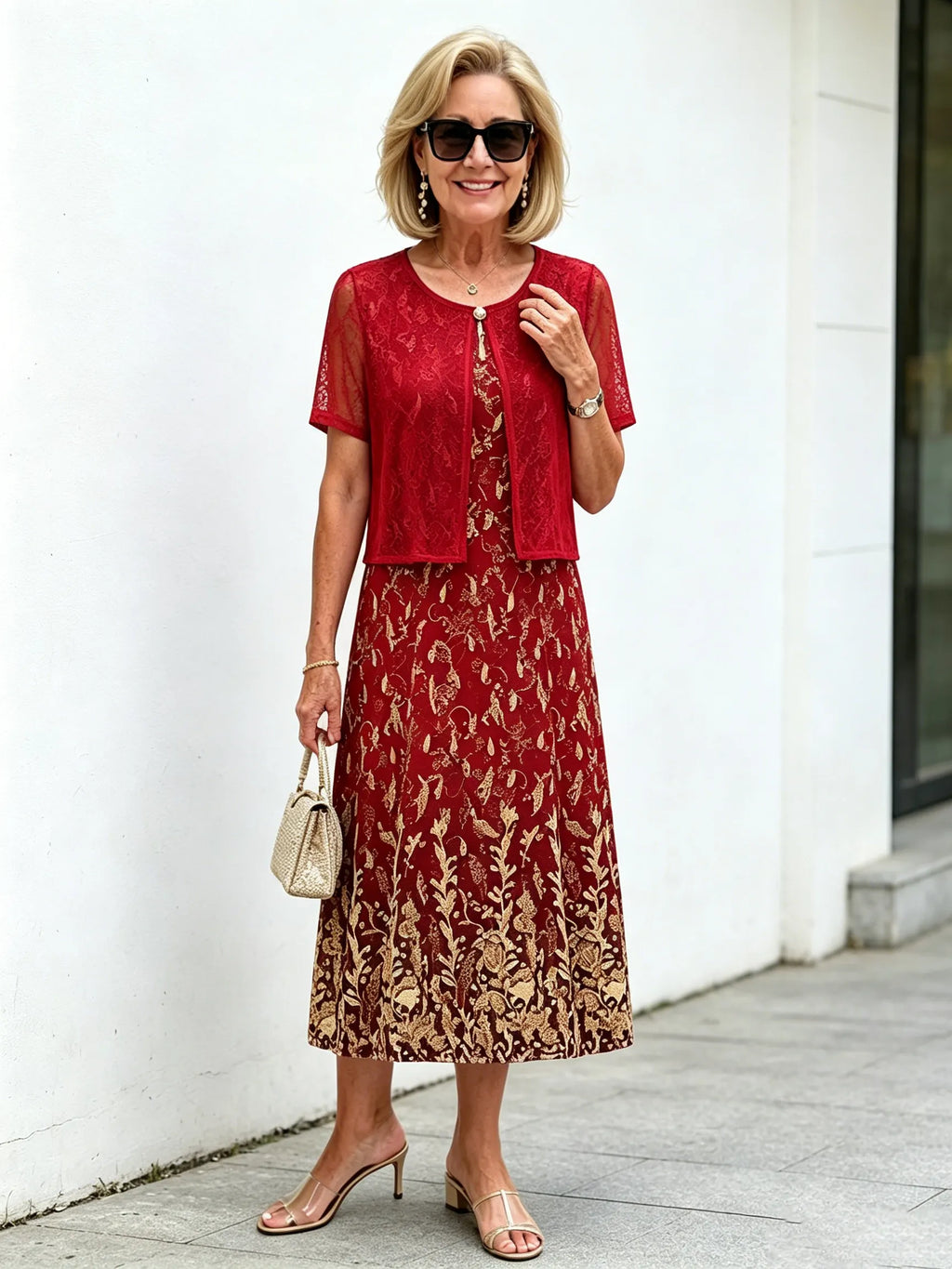 Red Gold Floral Lace Fake Two-Piece Midi Dress, Round Neck Short Sleeve Slimming Elegant Dress for Elderly Women