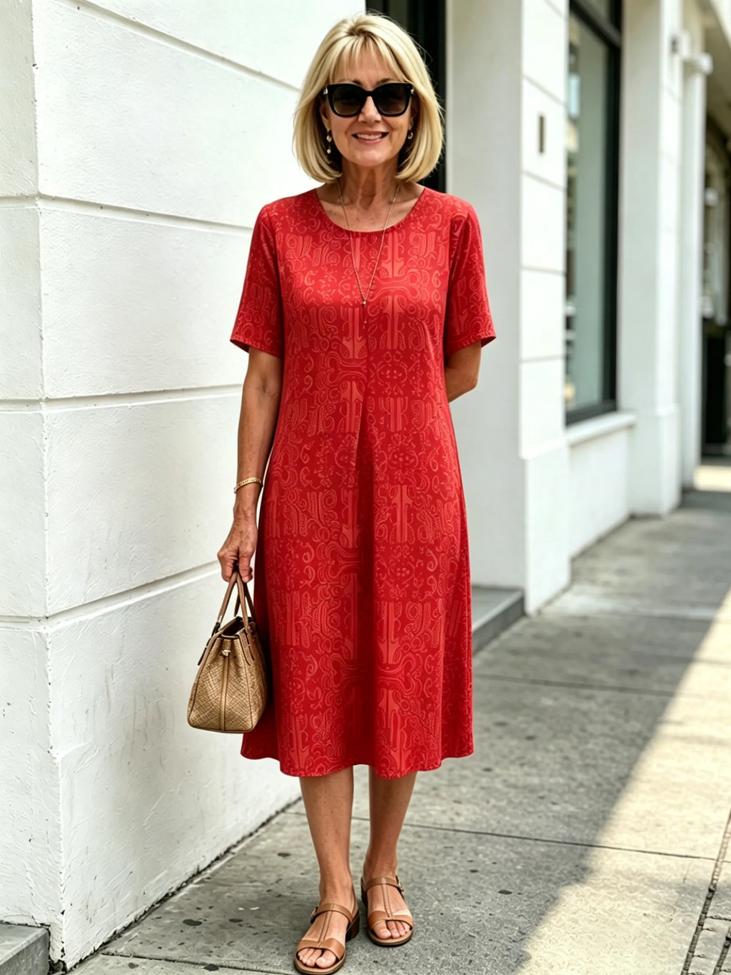 Blue Paisley Print Loose Midi Dress, Round Neck Short Sleeve Tummy Concealing Slimming Temperament Dress for Mature Women