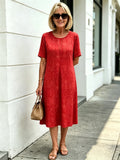 Blue Paisley Print Loose Midi Dress, Round Neck Short Sleeve Tummy Concealing Slimming Temperament Dress for Mature Women