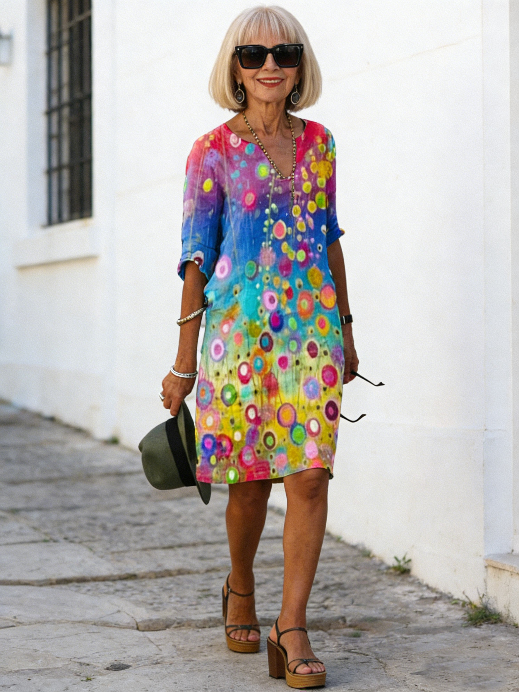 Printed Loose Bamboo Fiber Hemp Floral Short Sleeves Women's Retro Literary Round Neck Five-quarter Sleeves