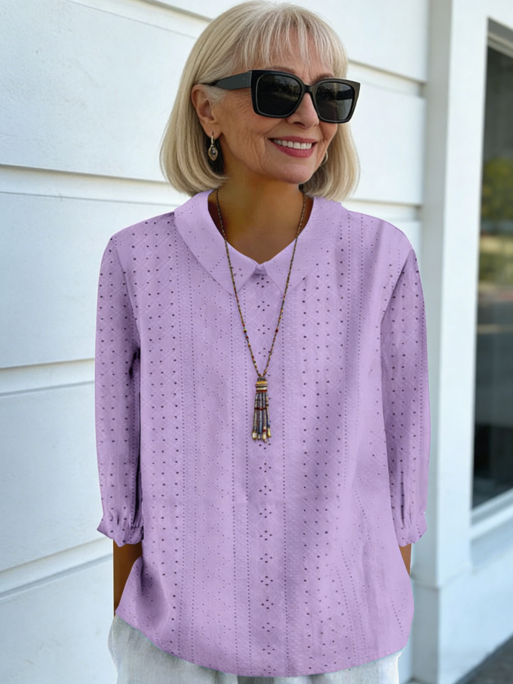 Lapel Solid Color Loose Seven-quarter Sleeve Top Women