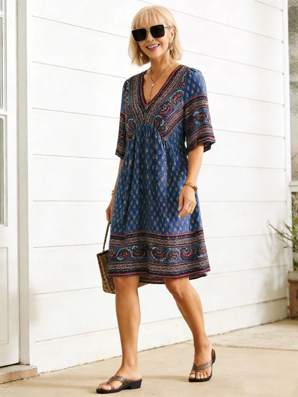 Vacation Deep V Print Casual Ethnic Style Dress
