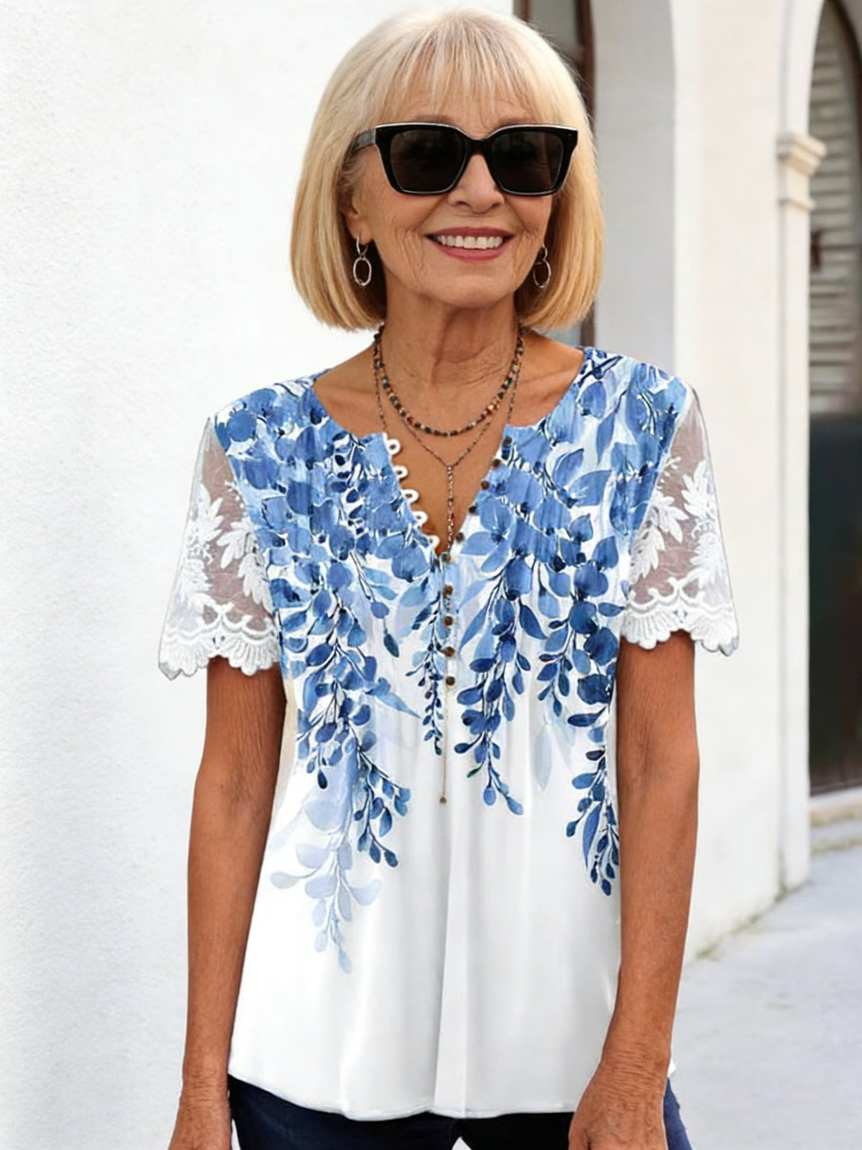Floral Print Pleated Button Lace Sleeve Women's T-Shirt