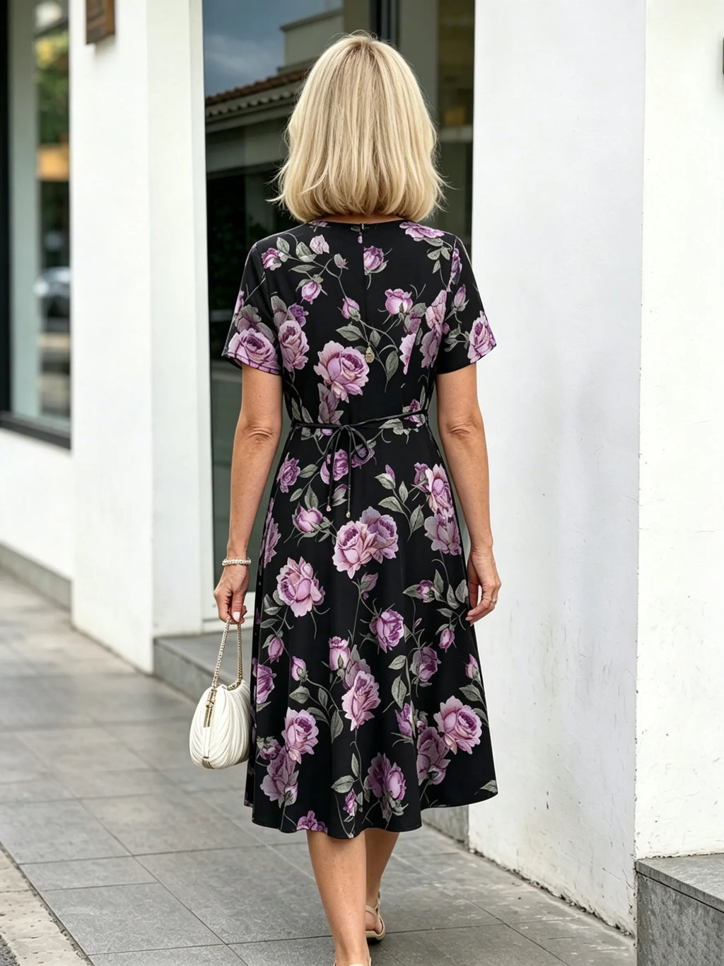 Orange Floral V-Neck Midi Dress, Short Sleeve Elastic Waist Slimming Temperament Long Dress for Mature Women